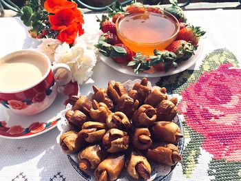 High angle view of breakfast on table