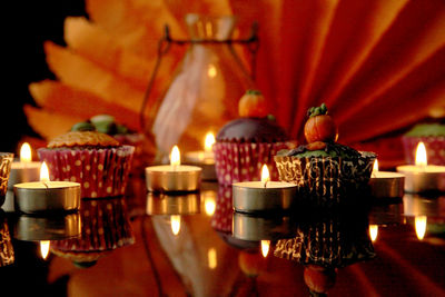 Close-up of illuminated candles on table