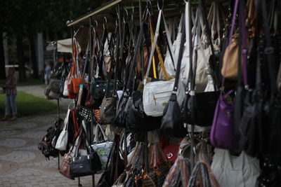 Bicycles hanging at market stall