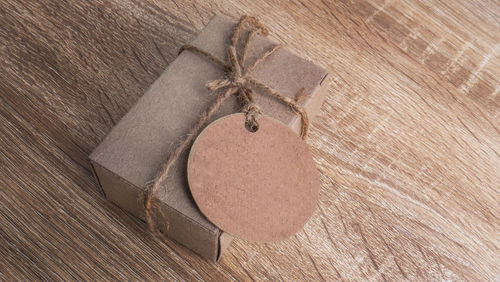 High angle view of christmas ornaments on wood