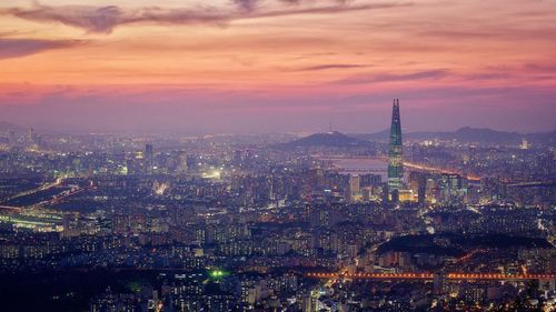 High angle shot of illuminated cityscape