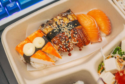 High angle view of food in plate on table