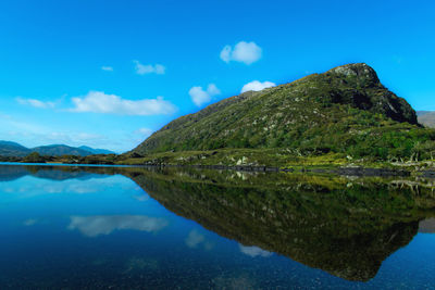 Scenic view of lake and mountains against blue sky