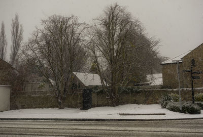 Road amidst bare trees and houses against sky during winter