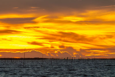 Scenic view of sea against romantic sky at sunset