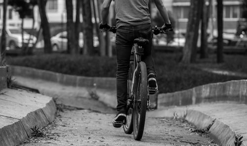 Rear view of man riding bicycle on footpath in park
