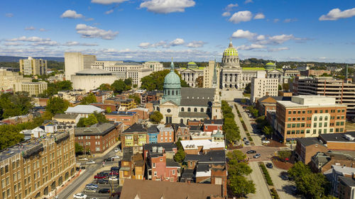 High angle view of buildings in city