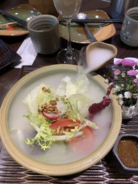 High angle view of food served on table