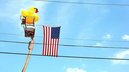 Low angle view of poles against blue sky