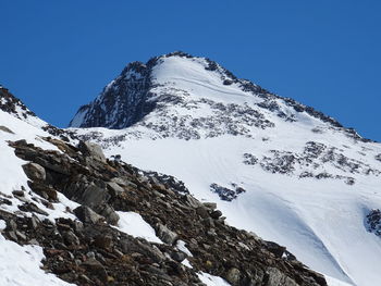 Scenic view of snow covered mountain against blue sky