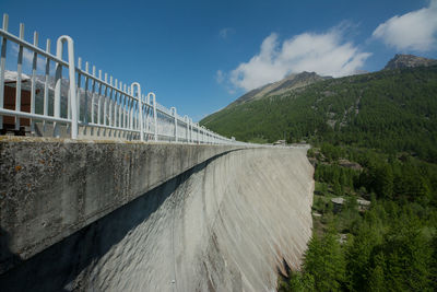 Scenic view of dam by bridge against sky