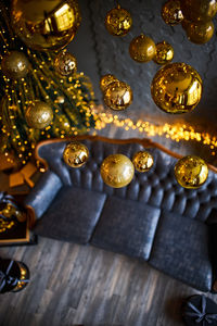 High angle view of christmas decorations on table