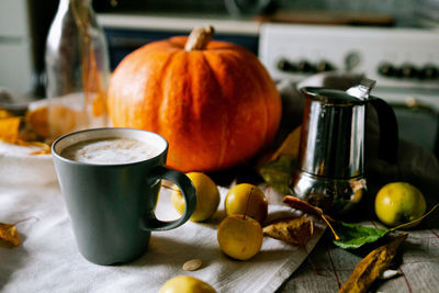 Close-up of pumpkins in plate on table