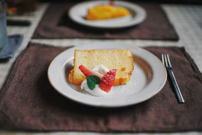Close-up of breakfast served on table