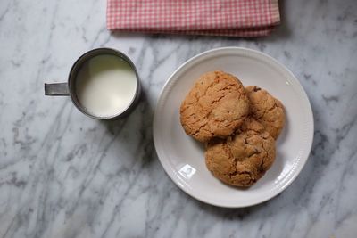 High angle view of cookies in plate on table