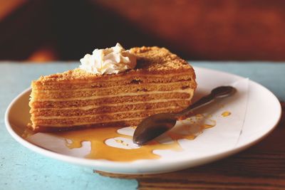 Close-up of cake in plate on table