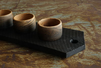 High angle view of wooden blocks on table