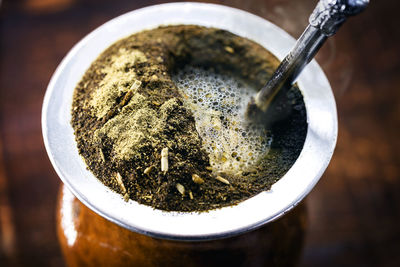 High angle view of drink on table