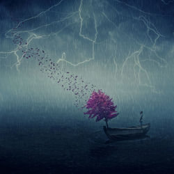 Digital composite image if man standing in boat by tree on sea during storm