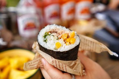 Close-up of hand holding sushi