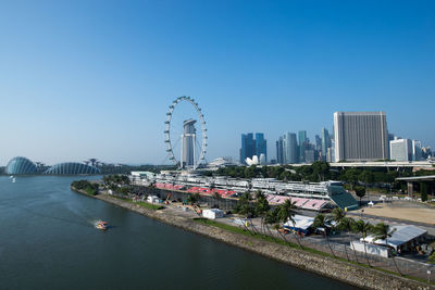 Aerial view of city against clear blue sky