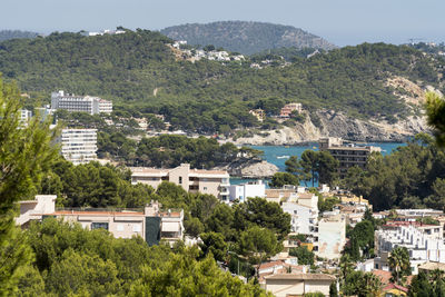 High angle view of townscape and trees in town