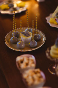 High angle view of dessert in plate on table