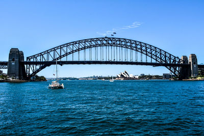 View of bridge over river against blue sky