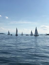 Sailboats sailing in sea against sky