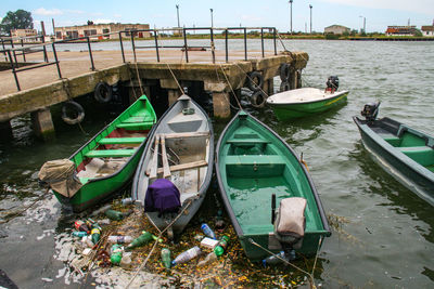 High angle view of boats moored in water