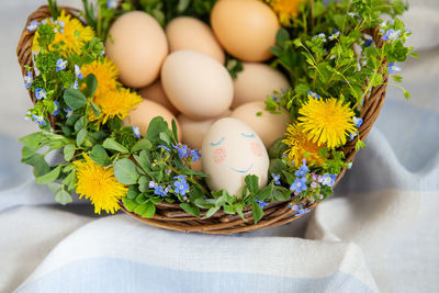 Close-up of easter eggs in basket on table