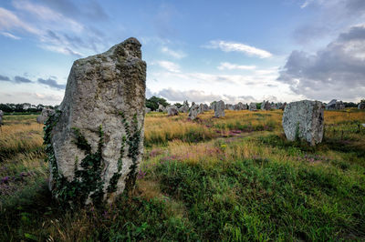 Stone wall on field against sky