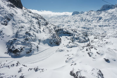 Close-up of snow covered mountain against sky