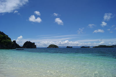 Scenic view of sea against blue sky