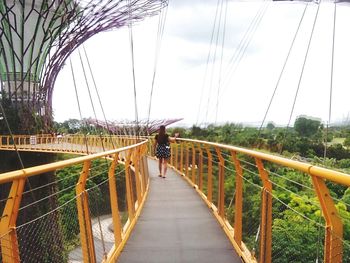 Rear view of man on bridge against sky