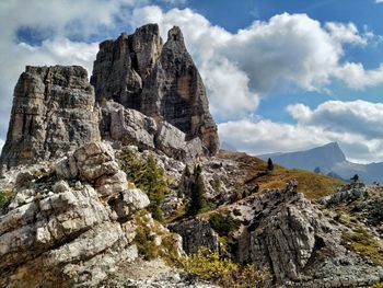 Low angle view of rock formations against sky