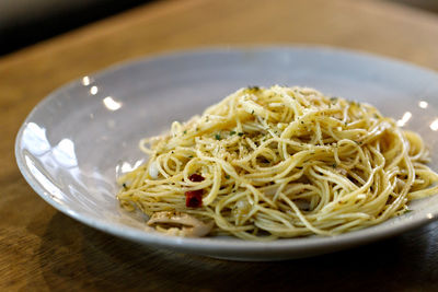 Close-up of noodles served in plate