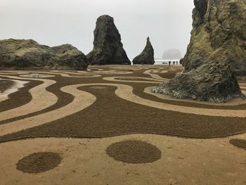 Surface level of rocks on beach against sky