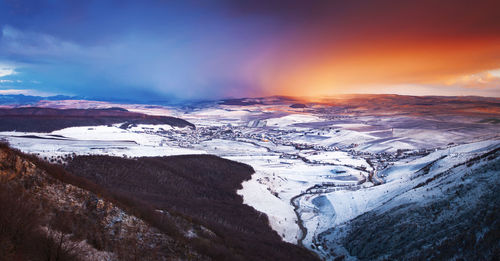 Scenic view of landscape against sky during winter