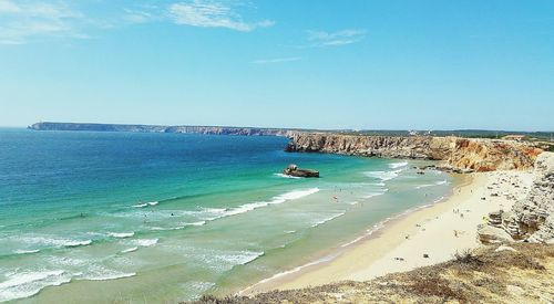 Scenic view of sea against blue sky