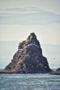 Jagged sea stack near ocean shore