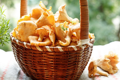 Close-up of mushrooms in basket on table