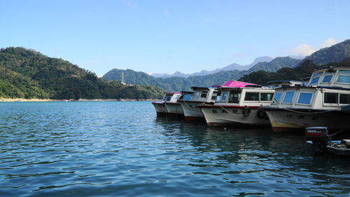 Boat in river against sky