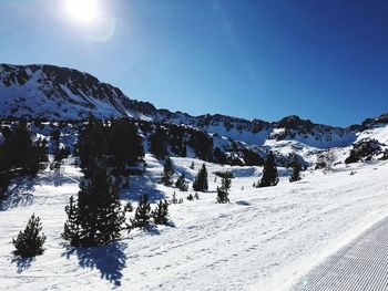 Scenic view of snow covered mountains against sky