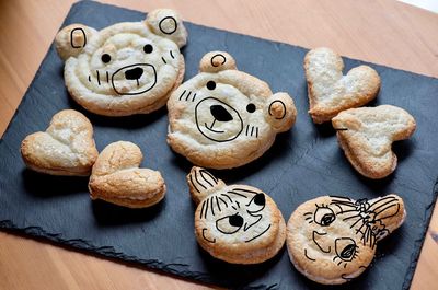 High angle view of cookies on table