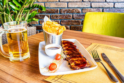 High angle view of breakfast served on table