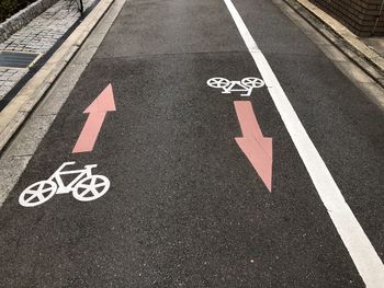 High angle view of arrow symbol on road