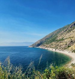 Scenic view of sea against clear blue sky