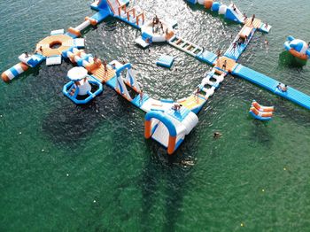 High angle view of boats in sea