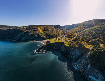 Scenic view of mountains against clear sky, in meat cove, cape breton island, nova scotia, canada